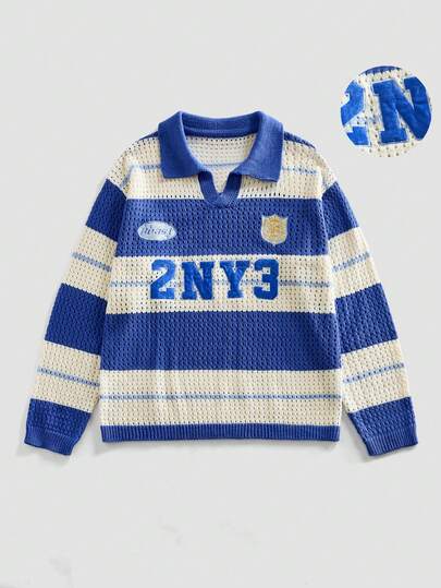 Camicia polo lavorata a maglia con motivo a righe blu e bianco in stile retrò americano, pullover casual e ampio con stampa 2NY3