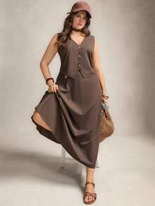 Comfylo Plus Size 2 Pieces Set: Sleeveless Top And Midi Skirt, Versatile For Commuting And Outings Brown Top Valentine's Day Birthday Elegant - Brown - View 10