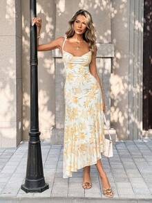 SHEIN PariChic 柔美法式连衣裙 | 奶油杏色底，黄色花卉印花 | 修身显瘦长裙 | 丝滑垂坠度假连衣裙 - 淡黃色 - 查看 4