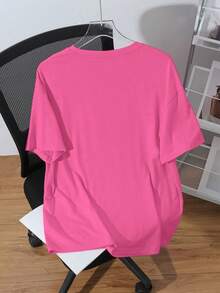 SHEIN EZwear 女士宽松休闲极简风英文压纹图案圆领短袖T恤 - 粉色 - 查看 4