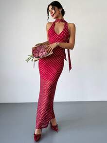 Firerie 女士优雅简约浪漫性感派对、情人节、婚礼宾客、生日、节日、音乐节波点印花V领系带露背透视红色长裙 - 紅色 - 查看 3