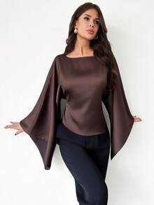 Firerie Women's New Elegant Romantic Casual Urban Commute Elegant Fashion Versatile Coffee Brown Round Neck Batwing Long Sleeve Tie-Waist Irregular Hem Regular Fit Blouse, Suitable For Teachers, Autumn/Winter/Spring - Brown - View 7