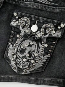 ROMWE Avant Pantaloni scurți din denim pentru femei, mărime plus, cu model vintage Y2K, brodați cu craniu și aripi - Negru - Vizualizare 2