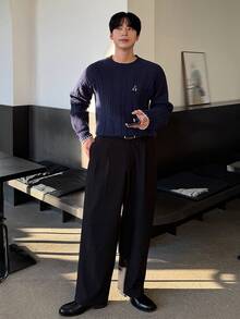 DAZY 男士春季字母提花拼接领毛衣 - 藏蓝色 - 查看 5