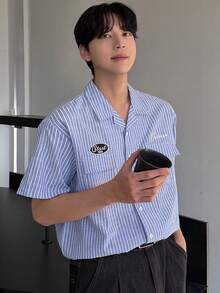 DAZY Men's Blue Striped Short Sleeve Shirt With Letter Embroidery, Summer - Blue - View 8
