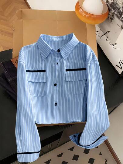 Resyla New Women's Casual Blue Striped Long Sleeve Shirt