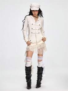 ROMWE Grunge Punk 蒸汽朋克军装水手双排扣拉链金属纽扣象牙色针织连帽衫 - 白色 - 查看 11