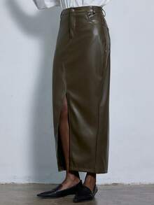 Aveloria Modichic 时尚通勤纯色分体PU裙 - 橄欖綠 - 查看 4