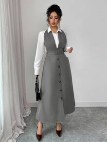 Rafferiza Khaki Trägerkleid mit Taschenverzierung, taillierter Passform für Damen, Herbst - Grau - Übersicht 3