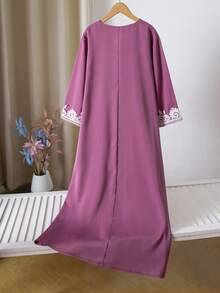 1pc Girls' Modest Water-Soluble Lace Trim 3/4 Sleeve Dress, Regular Thickness Woven Fabric, Suitable For Daily Wear, Outings, Festivals, Parties In Middle East Region, Fits Girls Aged 8-12, Spring/Summer - Red Violet - View 2