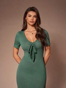 SHEIN 独特蝴蝶结设计橄榄绿短袖女士休闲连衣裙 - 墨綠色 - 查看 5