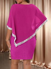 Cravure 大码圆领亮片雪纺拼接串珠缎带披肩罩衫，柔软提花纹理面料，二合一优雅时尚派对礼服 - 玫紅色 - 查看 2