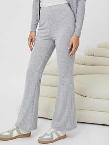 SHEIN EZwear Quần ống loe dệt kim thường ngày dành cho nữ - Xám - Xem 3