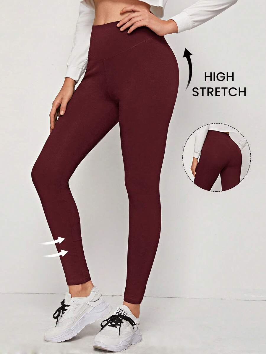 SHEIN EZwear 女士新款纯色高腰针织打底裤 - 酒紅色 - 查看 1