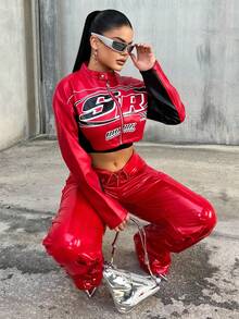 Dayanna Comas Y2k紅色摺疊低腰修身pu長褲 - 紅色 - 查看 5