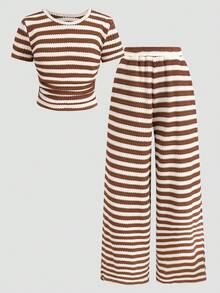 SHEIN 少女休闲简约舒适侧褶背心短裤套装 - 彩色 - 查看 3