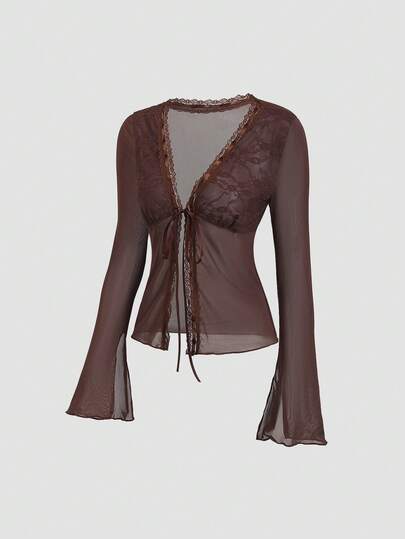 Sweetra Women's Vintage Sexy Mesh & Contrast Lace Flare Sleeve Blouse, Spring/Summer