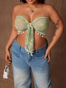 Rustia Áo croptop cỡ lớn kiểu dáng gợi cảm với tua rua và họa tiết xoắn phía trước. - Nhiều màu - Xem 7