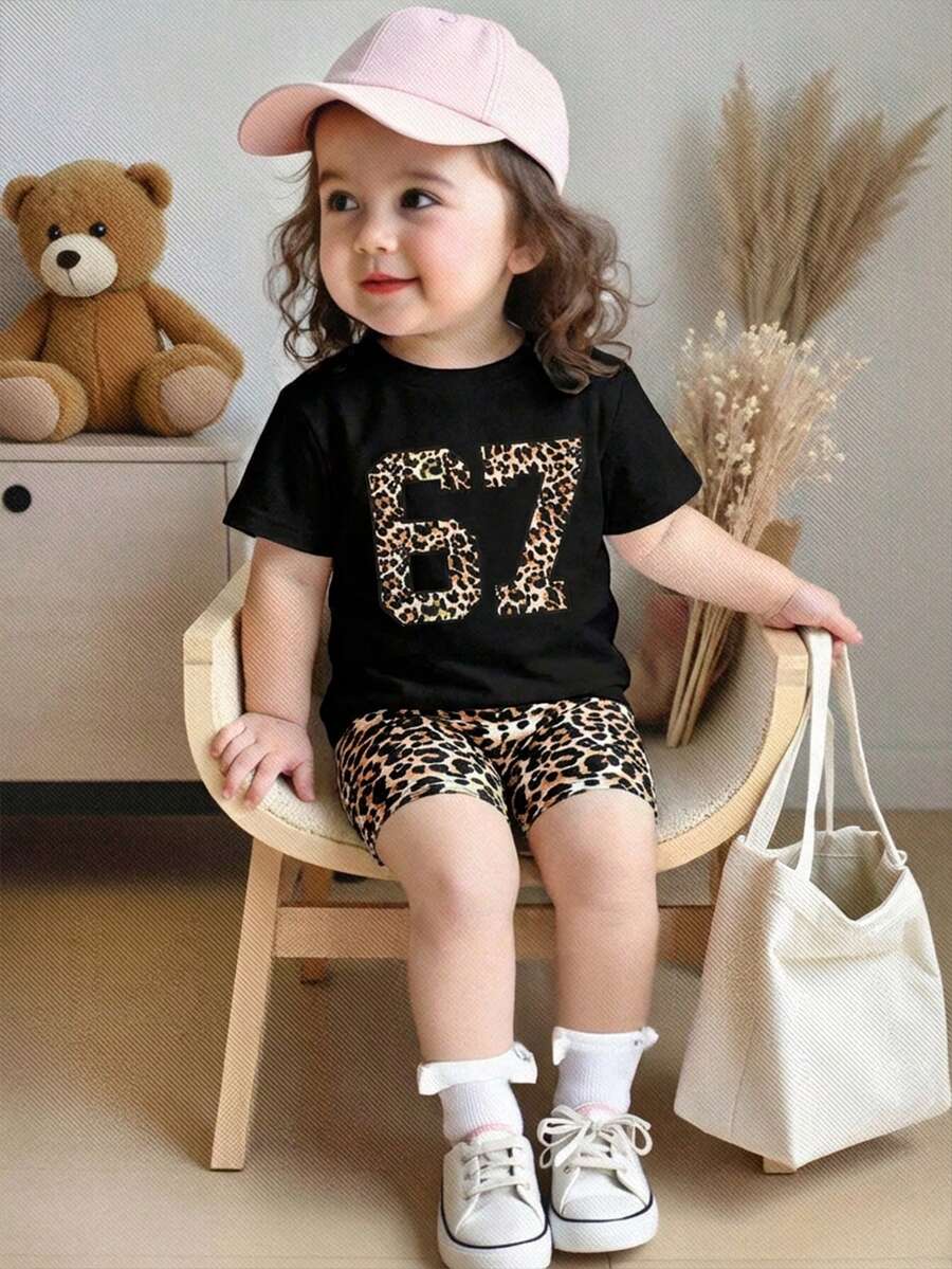 SHEIN 女婴豹纹印花短袖T恤套装,休闲款 - 黑色 - 查看 1