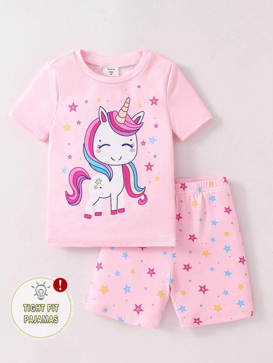 2pcs/Set Young Girl' Unicorn Print Snug Fit Short Sleeve Shorts Pajama Set, Navy - Baby Pink - View 1