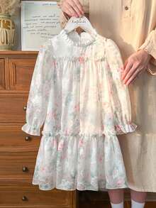 SHEIN Vintaside Kids 女童优雅公主风荷叶边领泡泡袖提花刺绣双层荷叶边下摆宽松公主裙，适合度假、旅行、派对、送礼、春秋季穿着。 - 粉色 - 查看 5