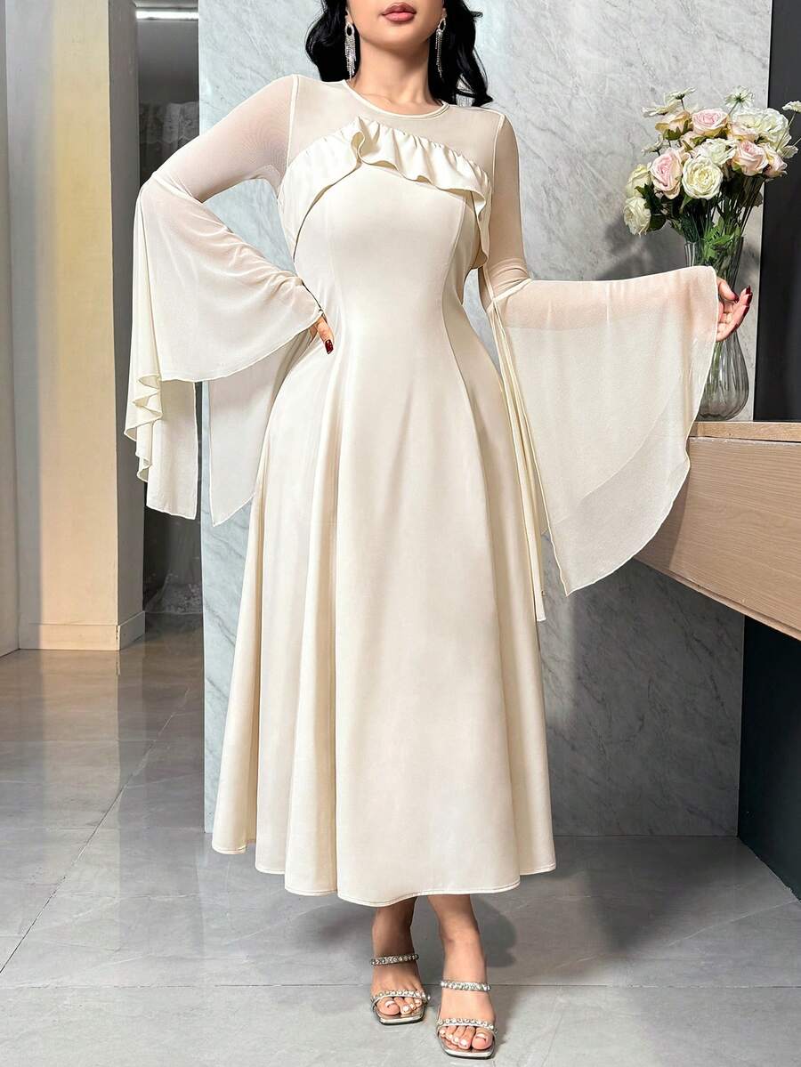 DAZY Women's Elegant Patchwork Ruffle Flare Sleeve Mid-Length Dress, Spring/Summer Wedding Guest Dress - Beige - View 1