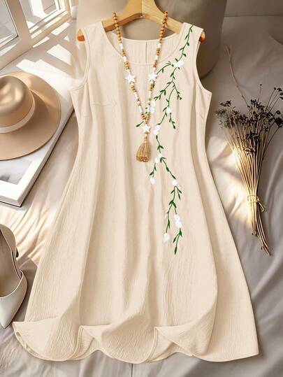 大码女式休闲度假刺绣无袖连衣裙