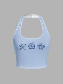 SHEIN EZwear Áo tank top nữ kiểu dáng thường ngày ôm sát cổ yếm, thích hợp cho mùa hè, với họa tiết sao biển, hoa và vỏ sò. - Nhiều màu - Xem 2