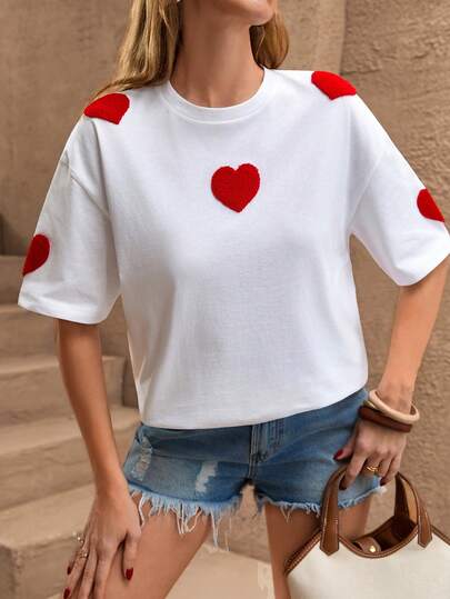 EURMUSE White Cotton T-Shirt With Red Heart Embroidery – Short Sleeve, Cute Minimalist Design