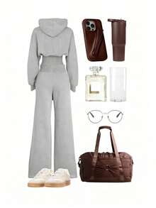 INAWLY Bộ 2 món áo hoodie rộng rãi và quần ống rộng dành cho nữ (kiểu dáng thường ngày). - Xám - Xem 2