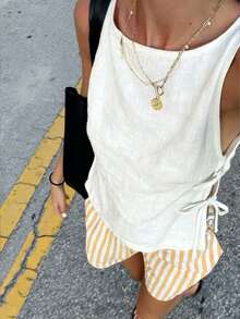 INAWLY 女士亚麻质感侧系带时尚休闲沙滩吊带衫 - 白色 - 查看 1