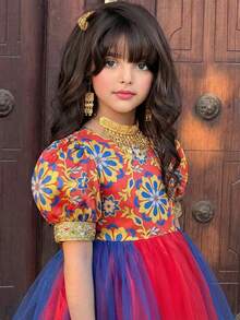 时尚优雅的少女网纱拼接印花短袖连衣裙 - 紅色 - 查看 3