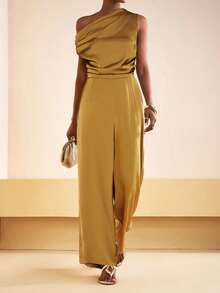 Zivah 2026 Spring/Summer New Music Festival, Western Style, Nomadic Style, Birthday Party, Graduation Season, College Style, Student Wear, Daily Outings, All-Match Versatile, Casual, Vacation, Cruise Travel, Beach, Sunbathing, Viral Hits, Streetwear, Birthday Outfit, Halloween Costumes, Wedding Guest Bohemian Style, Boho, Brunch Outfit, Business Casual Woman, Airport Outfit, Party, Holiday Outings, Elegant Banquet, Gold Asymmetric Ruched Waist Shiny Textured Fabric Jumpsuit - Yellow - View 5