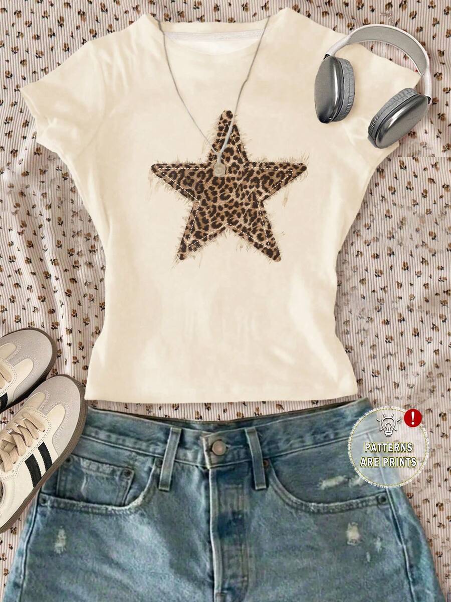 Áo thun dài tay cổ tròn dáng ôm, tối giản, thoải mái dành cho bé gái tuổi teen, họa tiết da báo và ngôi sao, phong cách thể thao đường phố cổ điển, thích hợp mặc trong hoặc ngoài, phù hợp mọi mùa. - Nhiều màu - Xem 1