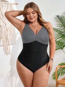 SHEIN CURVE+ 大码女士条纹交叉前开连体泳衣，收腹沙滩装夏季泳衣，夏季海滩，沙滩度假泳衣，夏季，女士度假装，女士沙滩装，大码连体泳衣套装，泳衣，显瘦泳衣 - 黑色 - 查看 4