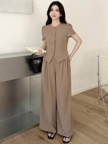SHEIN Setelan 2 Potong Atasan Lengan Pendek dan Celana Panjang Lebar Warna Cokelat Kopi untuk Remaja Perempuan, Elegan & Serbaguna untuk Beraktivitas Sehari-hari, Musim Semi/Panas - Coffee Brown - View 4