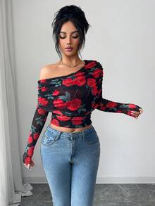 SHEIN Elenzya Élégant Top transparent à manches bouffantes avec imprimé floral, T-shirt pour femme pour la Saint-Valentin - Multicolore - Voir 3