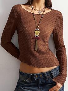 Bohemela Women Casual Solid Color Knit Boat Neck Long Sleeve Top - Mocha Brown - View 3