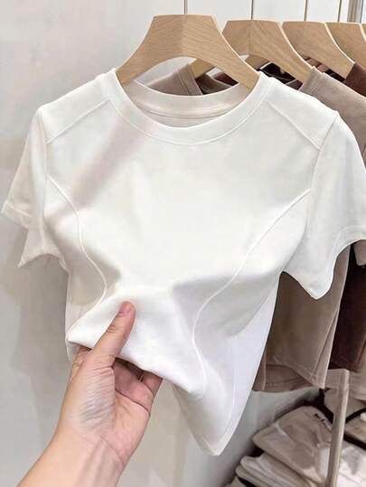 Resyla Women's Slim Fit Fishbone T-Shirt, New Summer Design, Stylish Short Sleeve T-Shirt, Solid Color, Versatile, Classic White, Outdoor, Casual Wear, Student, Commute, Comfortable, Shopping