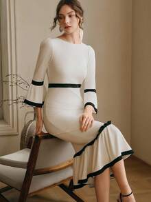 Anewsta 春季新款时尚优雅修身喇叭袖紧身连衣裙（女款） - 黑與白 - 查看 4