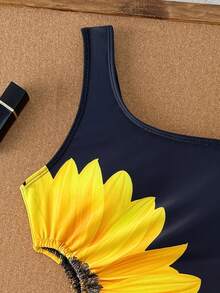 1pc Sunflower Print Hollow-Out Side Design One-Piece Swimsuit For Women, Vacation Style - Black - View 5