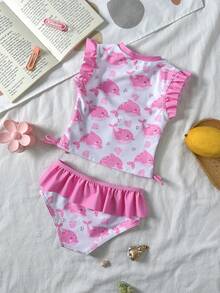 Cute Pink Whale & Shell Print Ruffle Trim Baby/Baby GirlSwimsuit Set Toddler Girl Swim Wear Under The Sea Bathing Suit Toddler Girl Baby Girl Rash Guard Swimsuit Swimwear For 2 Years Old Girl Toddler Rash Guard Girl Baby Ruffle Bathing Suit Toddler Girl Dolphin Swimsuit Ruffle Mermaid Bathing Suit Baby Ruffle Swim Toddler Girl Swimwear - Pink - View 3