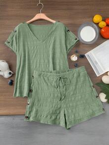 SHEIN LUNE 大码蓝色两件套圆领衬衫+短裤两件套宽松休闲纽扣装饰女装套装波西米亚风两件套女装短款套装绿色套装女装短款套装套装女装两件套短款套装，夏季服装两件套亚麻套装女装两件套亚麻套装女装 - 薄荷綠 - 查看 7