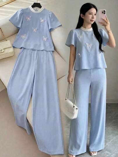 Teen Girl Butterfly Decor Round Neck Short Sleeve Shirt And Pants Elegant Set