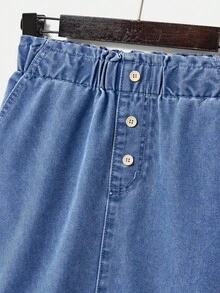 SHEIN 少女水洗蓝牛仔裙，休闲舒适，适合日常穿着，夏季 - 淺色水洗藍 - 查看 3