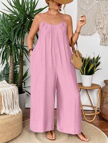 SHEIN Clasi Plus Size Casual Pink Spaghetti Strap Wide-Leg Jumpsuit Lightweight, Linen-Like Fabric Relaxed Fit With Wide Legs And Front Pockets - Pink - View 4
