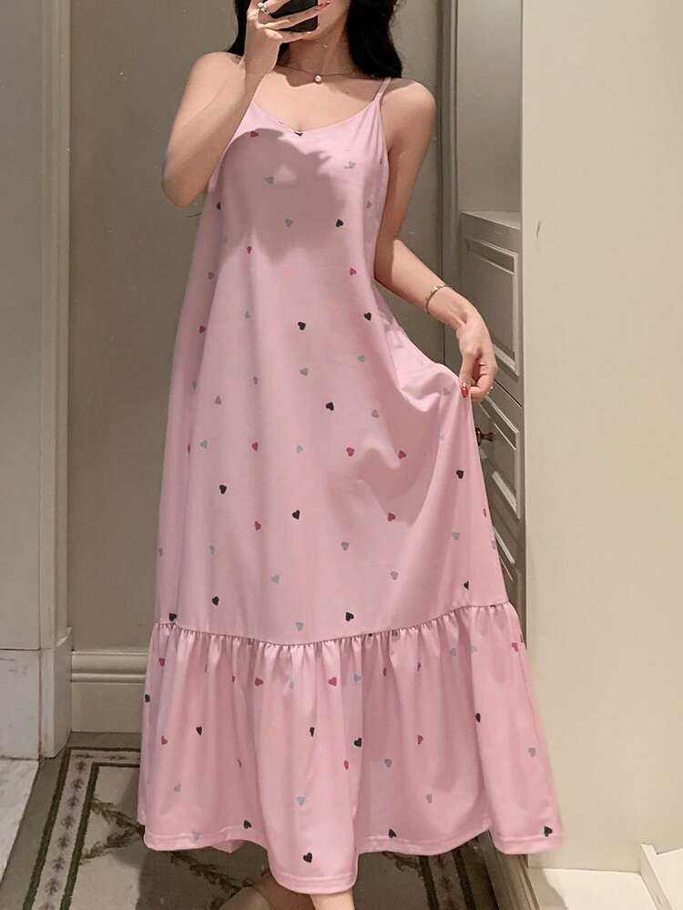 Heart Print Sleeveless Ruffle Hem Midi Nightgown For Women