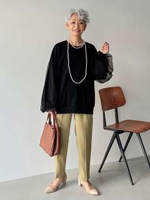 FRIFUL Women's Lightweight Sheer Mesh Patchwork Lantern Sleeve Loose Casual T-Shirt, Black, Spring/Summer - Black - View 4