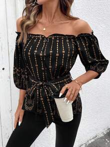 SHEIN Holidaya 1pc Women's Off-Shoulder Button Waist Belt Printed Blouse - Black - View 5