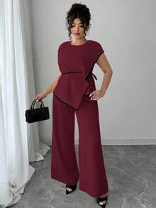 Elenzga 不对称腰身收腰短袖加大码两件套 - 酒紅色 - 查看 4